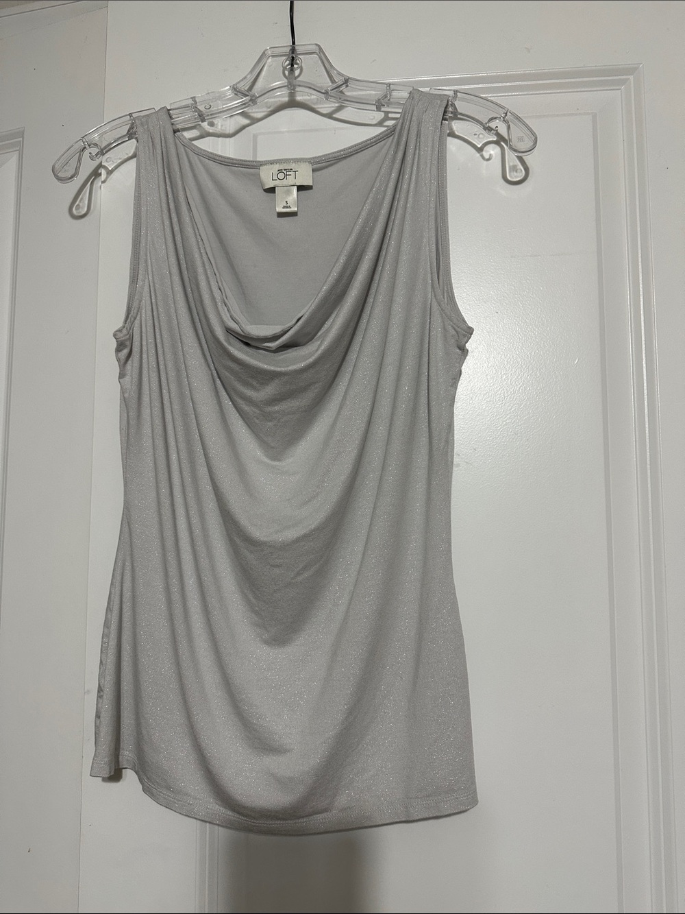 Sz S gray LOFT sleeveless top draped cowl neckline and a subtle shimmery finish.